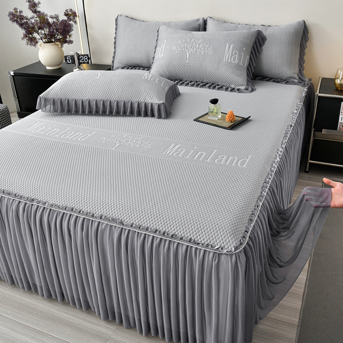 91家纺网 家纺一手货源 找家纺 星窝家纺 2026新款冰豆豆床裙款凉席 灰调树影