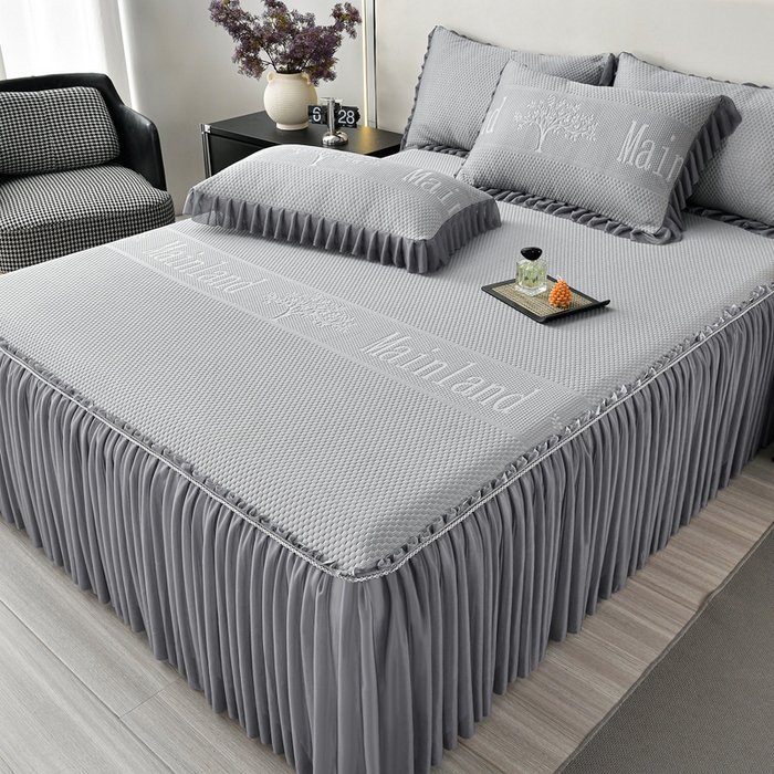 91家纺网 家纺一手货源 找家纺 星窝家纺 2026新款冰豆豆床裙款凉席 灰调树影