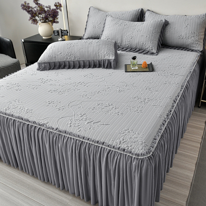 91家纺网 家纺一手货源 找家纺 星窝家纺 2026新款冰豆豆床裙款凉席 灰枝凝香