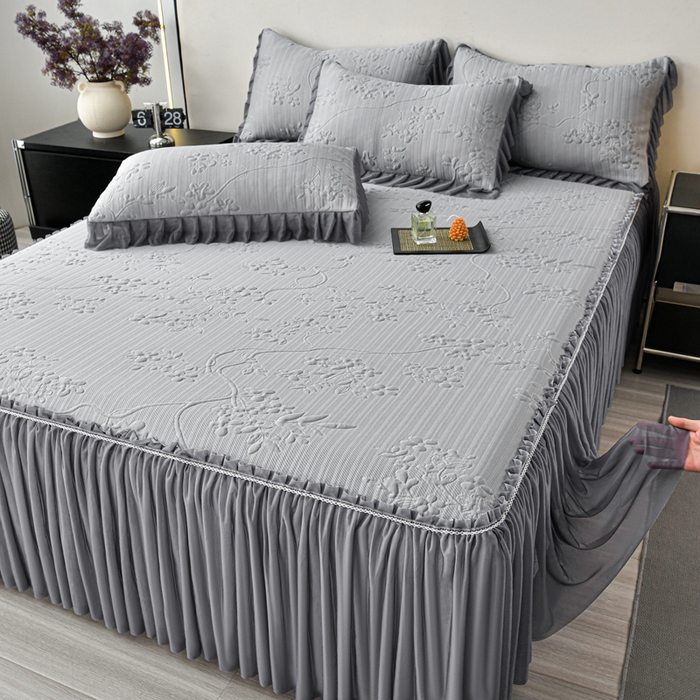 91家纺网 家纺一手货源 找家纺 星窝家纺 2026新款冰豆豆床裙款凉席 灰枝凝香