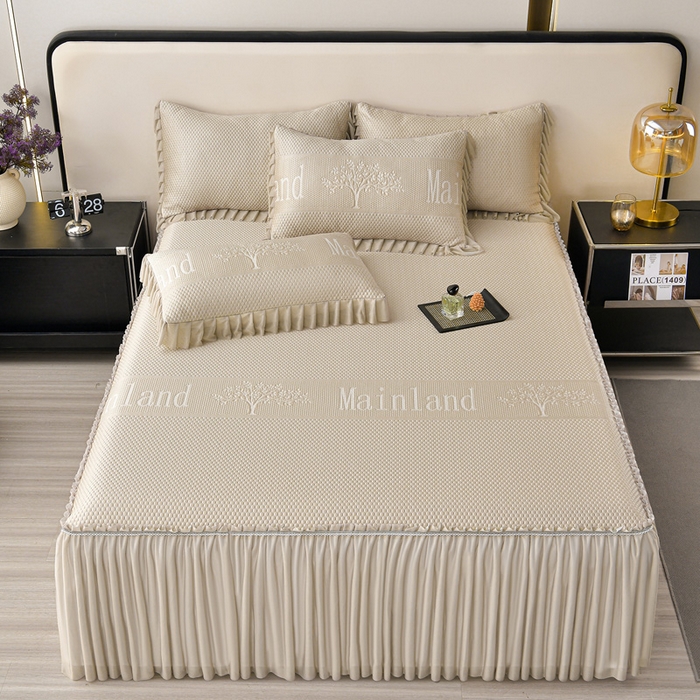 星窝家纺 2026新款冰豆豆床裙款凉席 金调树影