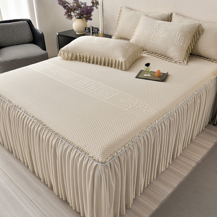 91家纺网 家纺一手货源 找家纺 星窝家纺 2026新款冰豆豆床裙款凉席 金调树影