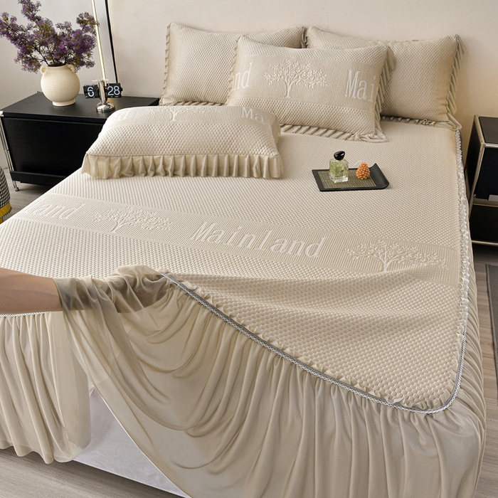 91家纺网 家纺一手货源 找家纺 星窝家纺 2026新款冰豆豆床裙款凉席 金调树影