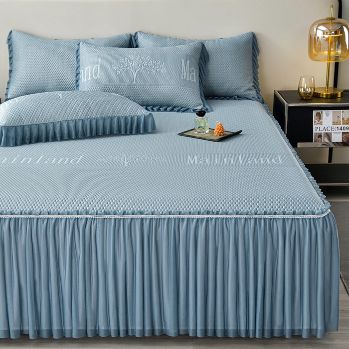 91家纺网 家纺一手货源 找家纺 星窝家纺 2026新款冰豆豆床裙款凉席 蓝调树影