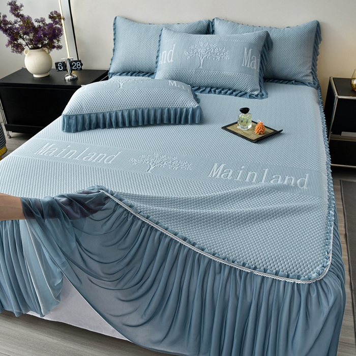 91家纺网 家纺一手货源 找家纺 星窝家纺 2026新款冰豆豆床裙款凉席 蓝调树影