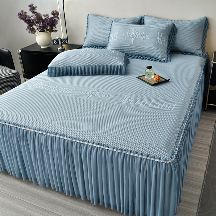 91家纺网 家纺一手货源 找家纺 星窝家纺 2026新款冰豆豆床裙款凉席 蓝调树影