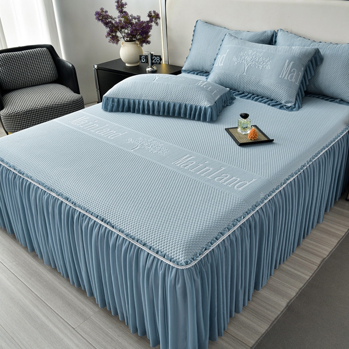 91家纺网 家纺一手货源 找家纺 星窝家纺 2026新款冰豆豆床裙款凉席 蓝调树影