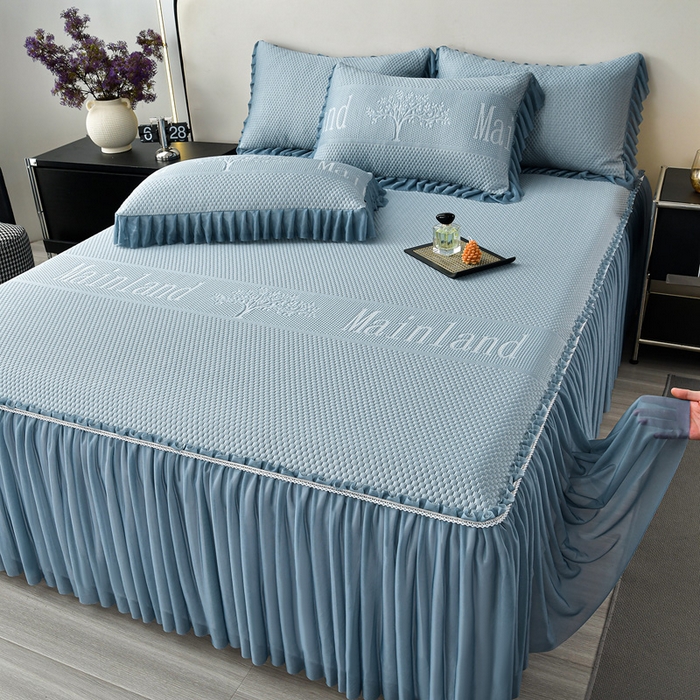 91家纺网 家纺一手货源 找家纺 星窝家纺 2026新款冰豆豆床裙款凉席 蓝调树影