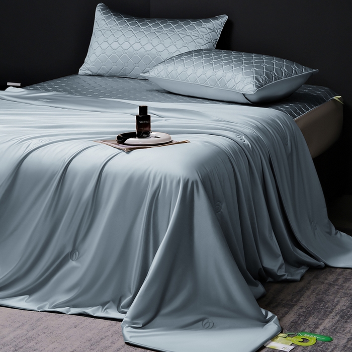 91家纺网 家纺一手货源 找家纺 阿那亚 2026新款冰萃凉感硅胶凉席三件套夏被四件套 冰月蓝