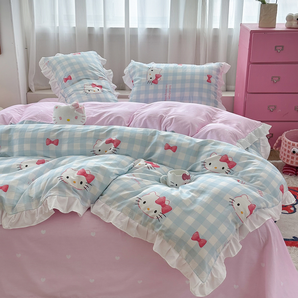 91家纺网 家纺一手货源 找家纺 玉元坊 2026新款儿童女孩卡通全棉纯棉花边被套床单床笠床裙三四件套床品 兔子伙伴