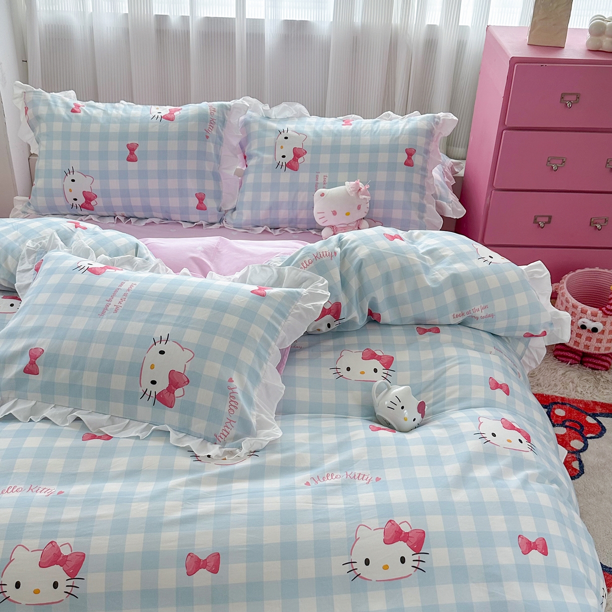 91家纺网 家纺一手货源 找家纺 （总）玉元坊 2026新款三丽鸥正版授权凯蒂KT猫儿童卡通全棉纯棉床单床笠床裙花边被套三四件套