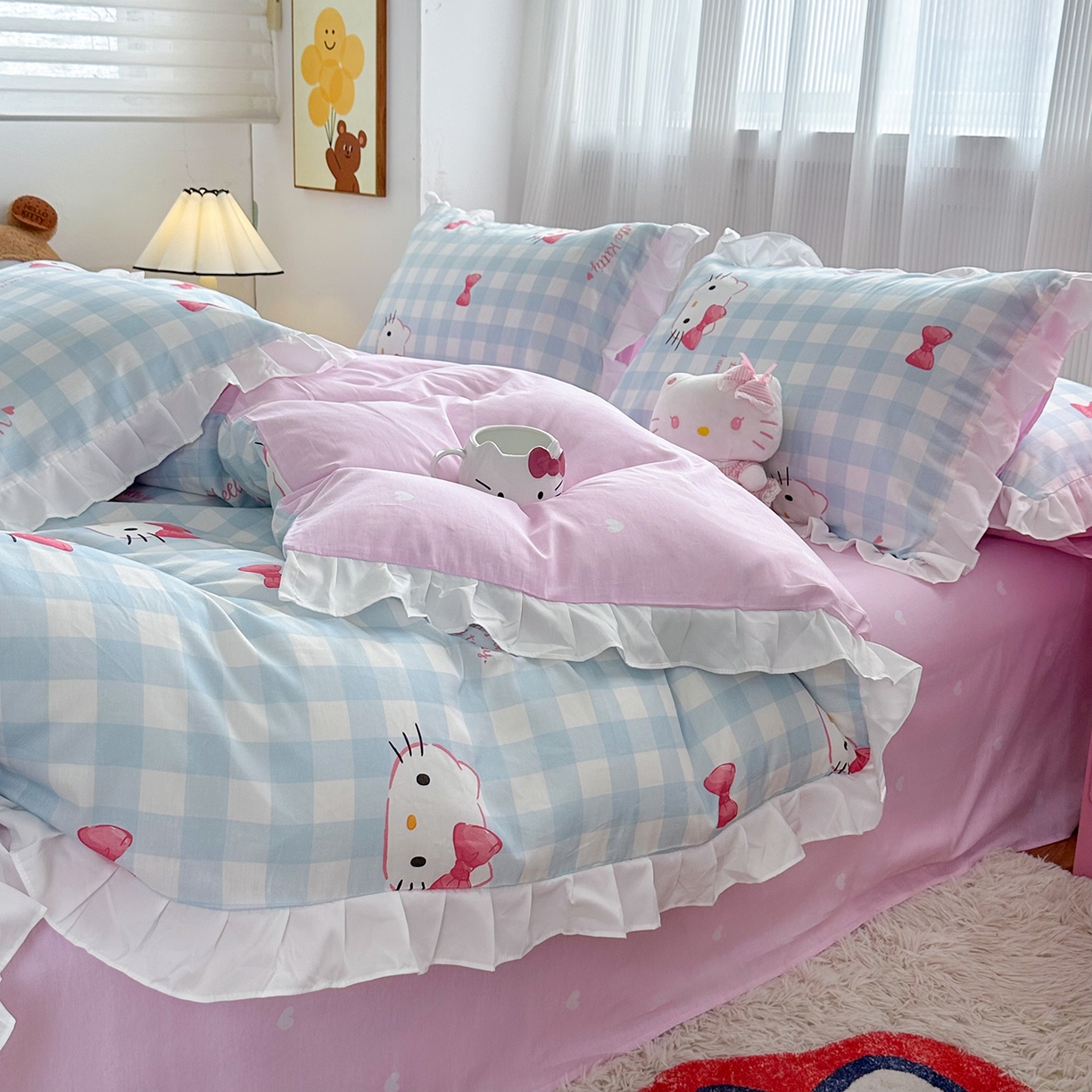 91家纺网 家纺一手货源 找家纺 （总）玉元坊 2026新款三丽鸥正版授权凯蒂KT猫儿童卡通全棉纯棉床单床笠床裙花边被套三四件套