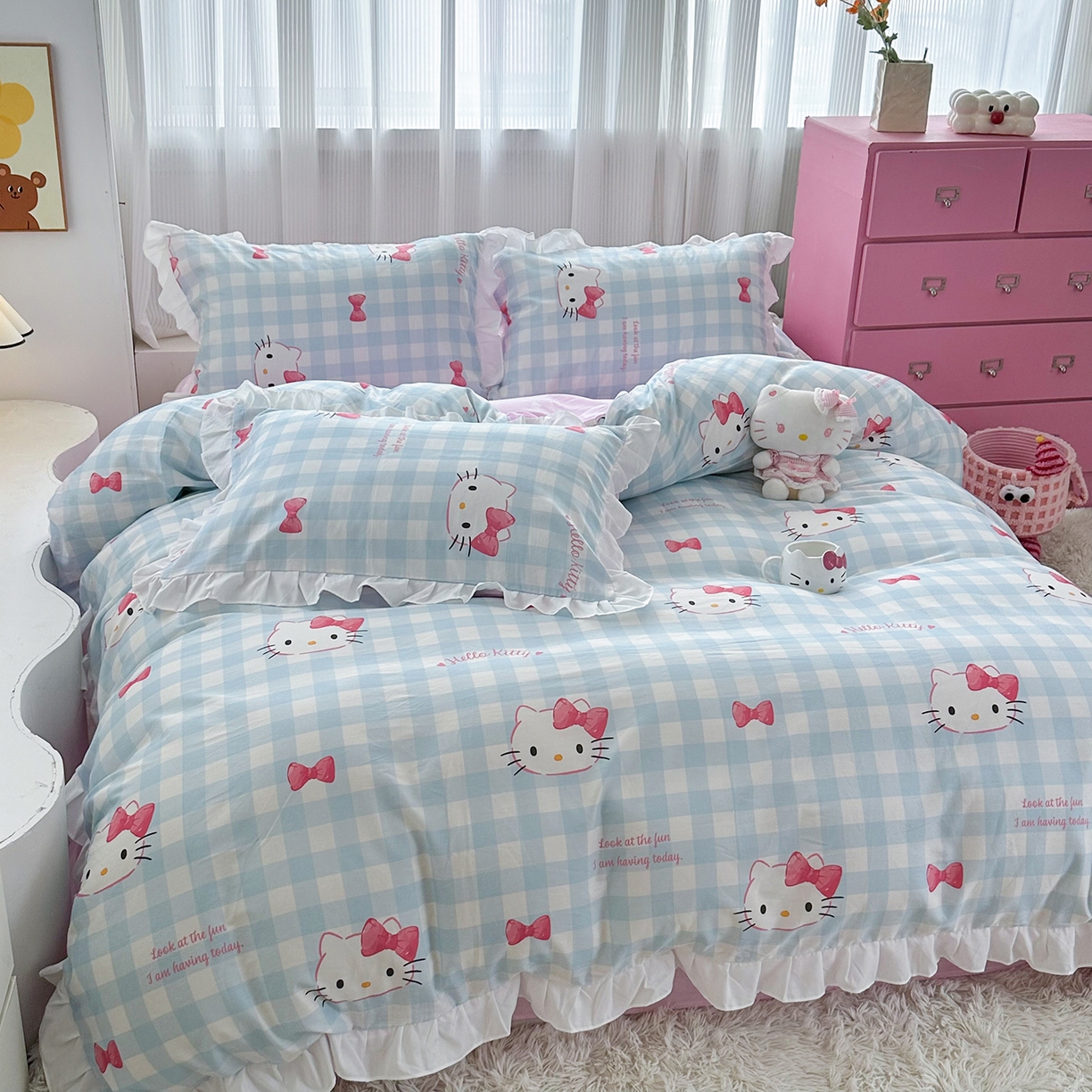 91家纺网 家纺一手货源 找家纺 （总）玉元坊 2026新款三丽鸥正版授权凯蒂KT猫儿童卡通全棉纯棉床单床笠床裙花边被套三四件套
