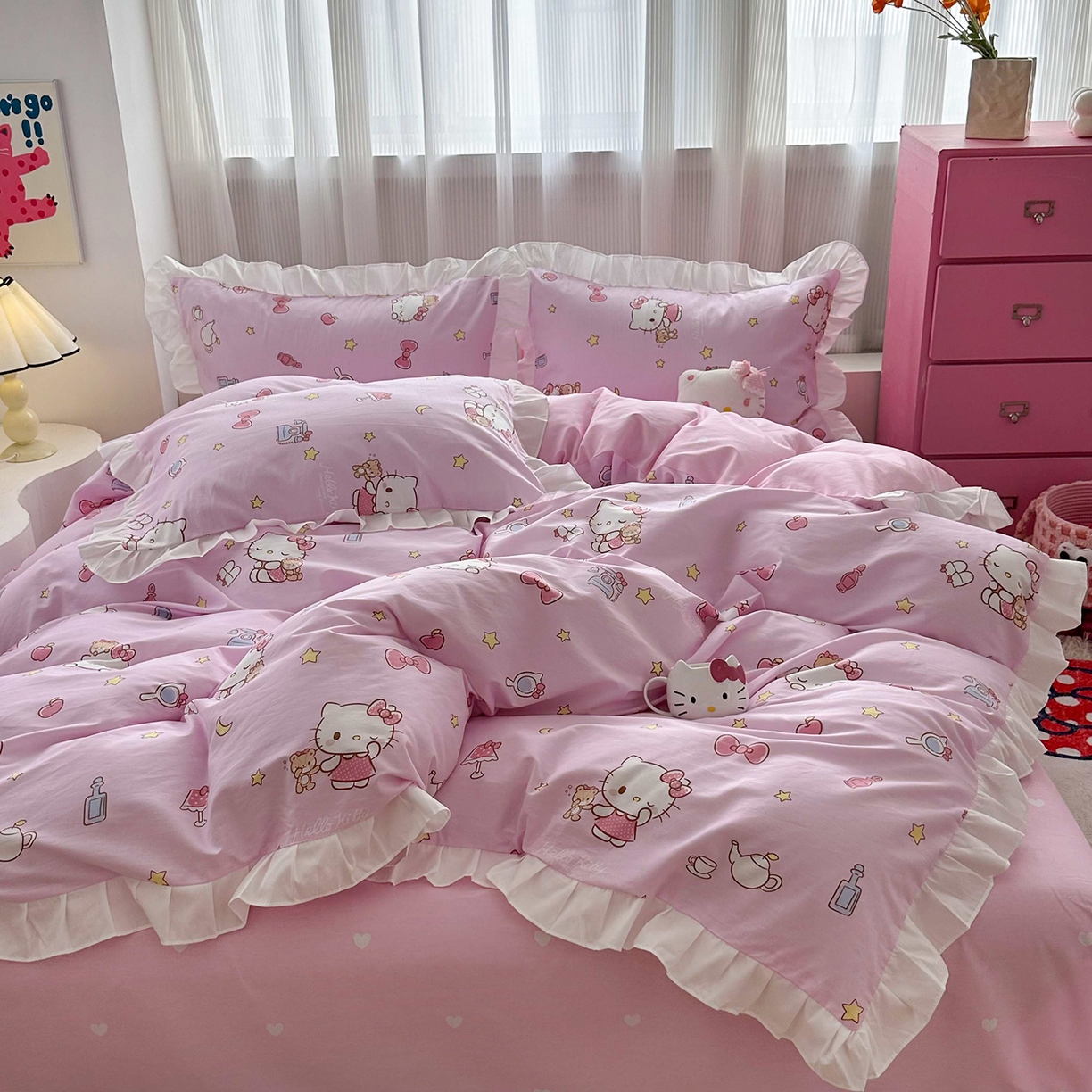 91家纺网 家纺一手货源 找家纺 （总）玉元坊 2026新款三丽鸥正版授权凯蒂KT猫儿童卡通全棉纯棉床单床笠床裙花边被套三四件套