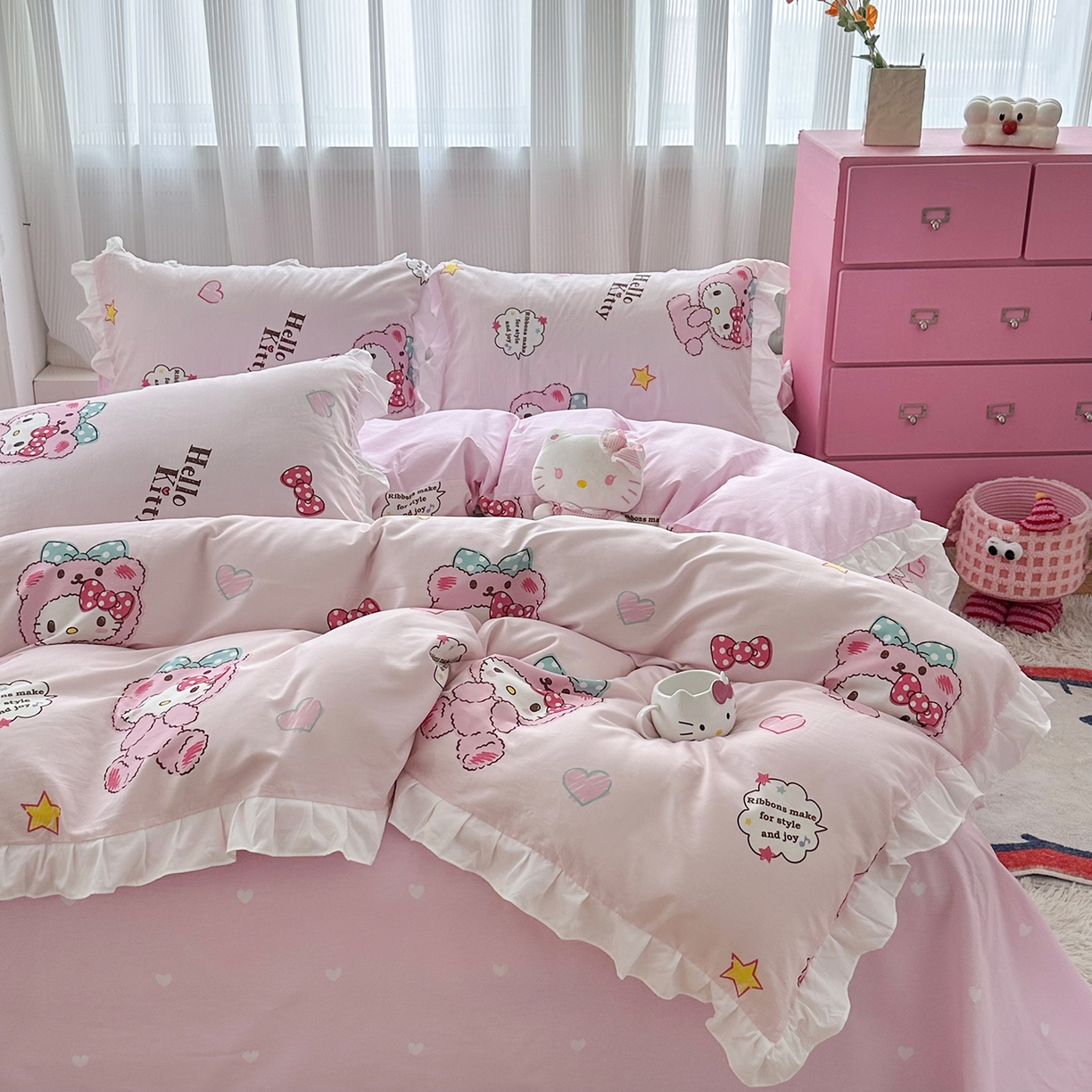 玉元坊 2026新款三丽鸥正版授权凯蒂KT猫儿童卡通全棉纯棉床单床笠床裙花边被套三四件套 babyKT-白花边款