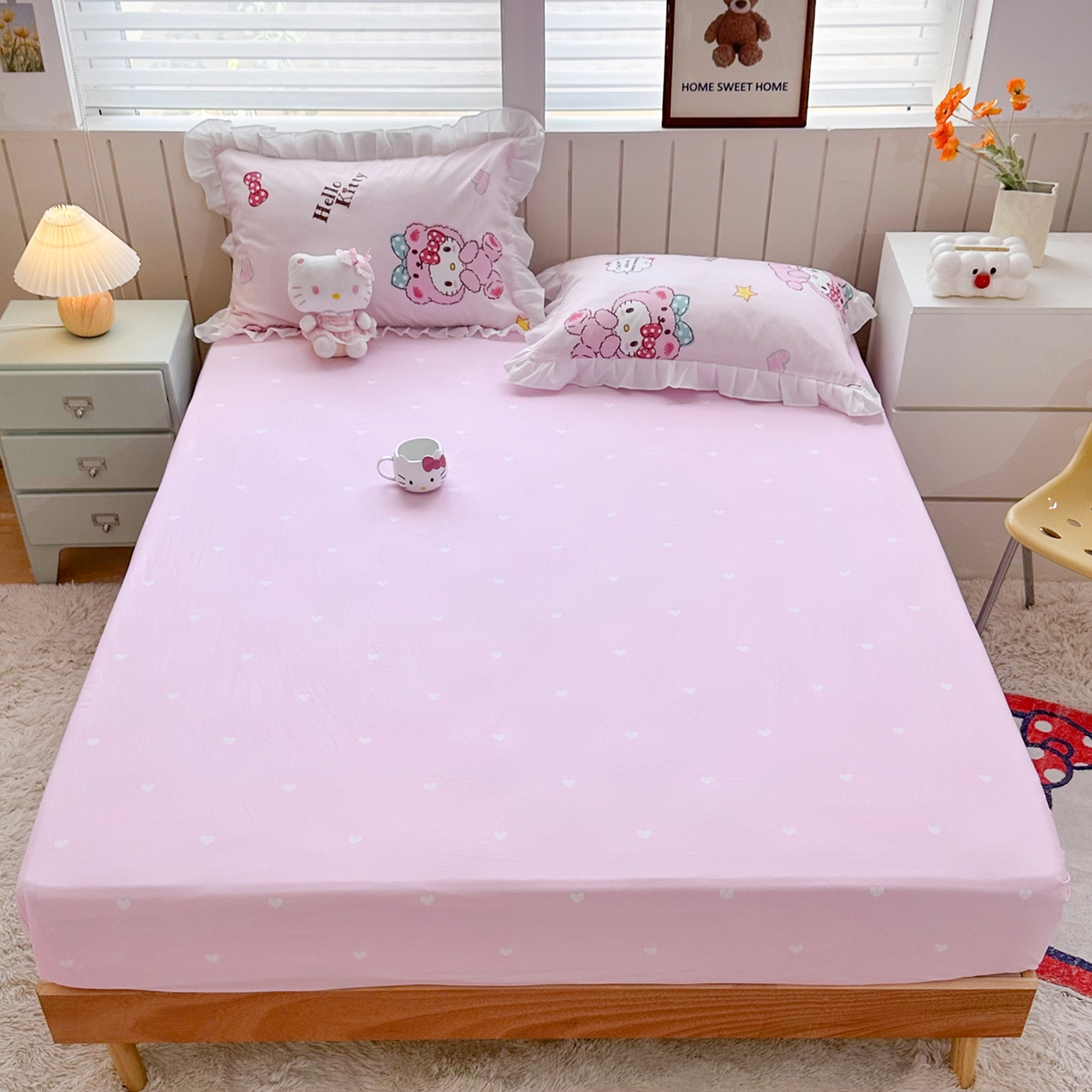 91家纺网 家纺一手货源 找家纺 玉元坊 2026新款三丽鸥正版授权凯蒂KT猫儿童卡通全棉纯棉床单床笠床裙花边被套三四件套 babyKT-白花边款