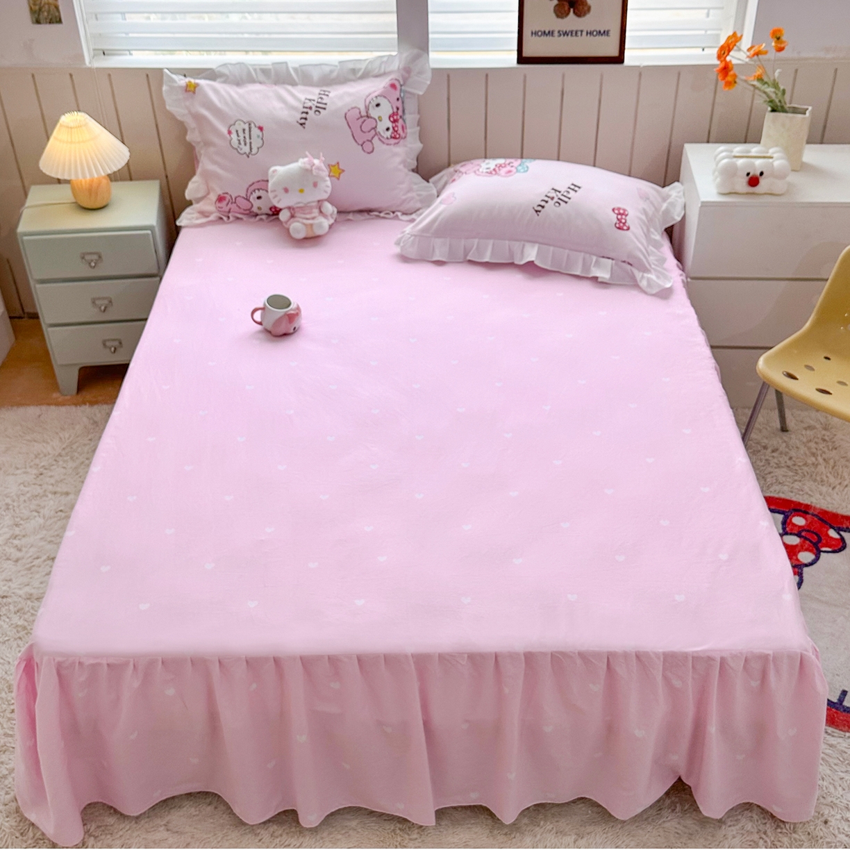 91家纺网 家纺一手货源 找家纺 玉元坊 2026新款三丽鸥正版授权凯蒂KT猫儿童卡通全棉纯棉床单床笠床裙花边被套三四件套 babyKT-白花边款