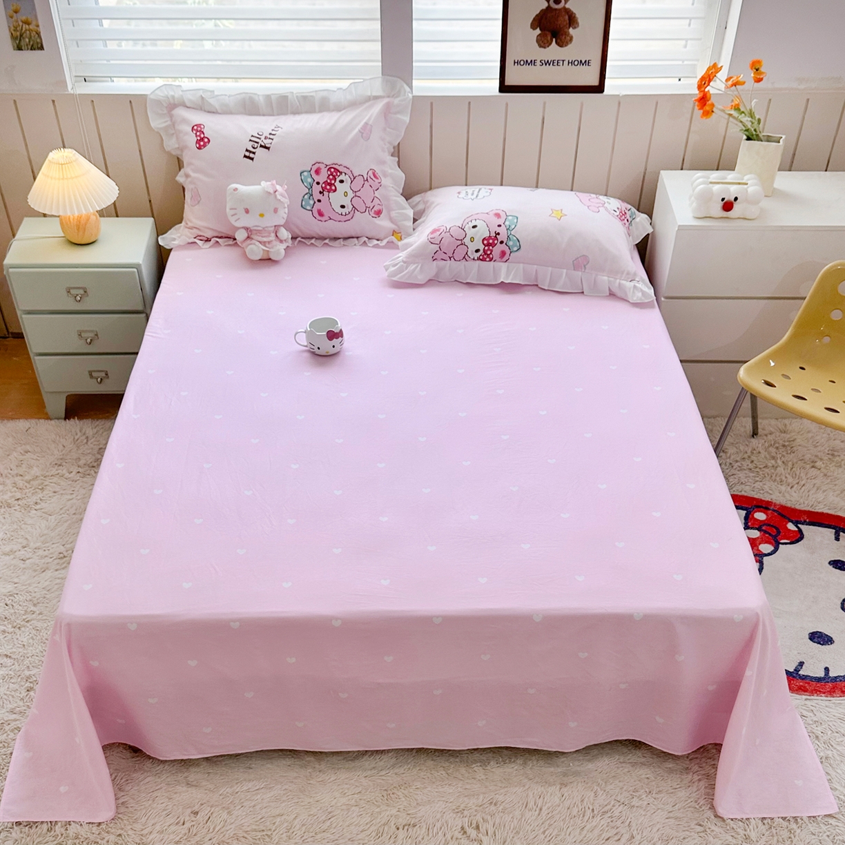 91家纺网 家纺一手货源 找家纺 玉元坊 2026新款三丽鸥正版授权凯蒂KT猫儿童卡通全棉纯棉床单床笠床裙花边被套三四件套 babyKT-白花边款