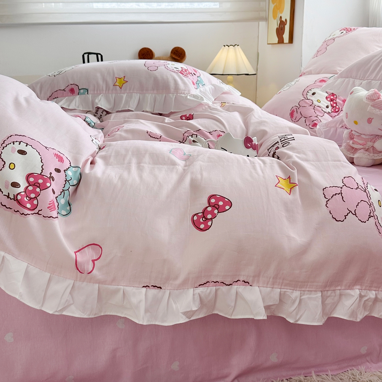 91家纺网 家纺一手货源 找家纺 玉元坊 2026新款三丽鸥正版授权凯蒂KT猫儿童卡通全棉纯棉床单床笠床裙花边被套三四件套 babyKT-白花边款