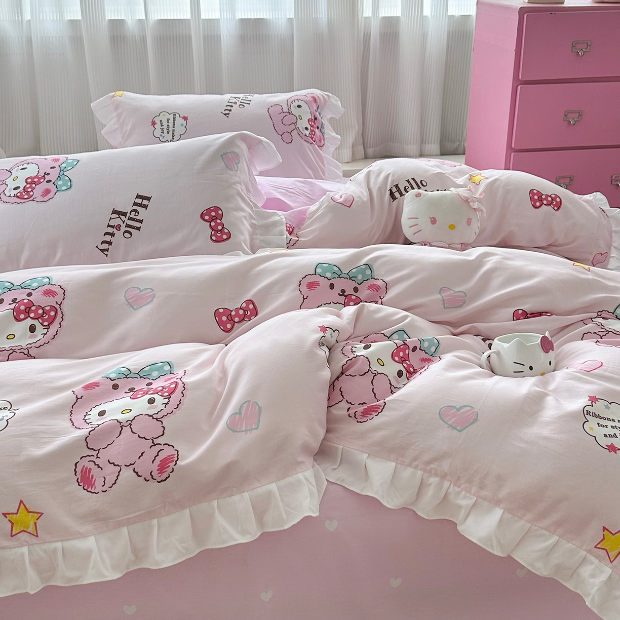 91家纺网 家纺一手货源 找家纺 玉元坊 2026新款三丽鸥正版授权凯蒂KT猫儿童卡通全棉纯棉床单床笠床裙花边被套三四件套 babyKT-白花边款