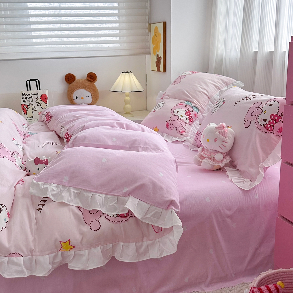 91家纺网 家纺一手货源 找家纺 玉元坊 2026新款三丽鸥正版授权凯蒂KT猫儿童卡通全棉纯棉床单床笠床裙花边被套三四件套 babyKT-白花边款