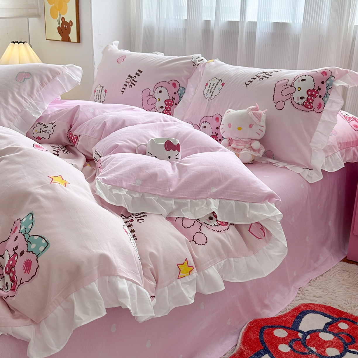 91家纺网 家纺一手货源 找家纺 玉元坊 2026新款三丽鸥正版授权凯蒂KT猫儿童卡通全棉纯棉床单床笠床裙花边被套三四件套 babyKT-白花边款