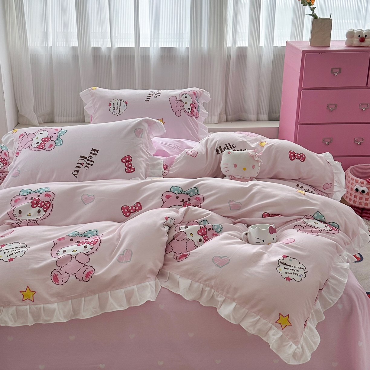 91家纺网 家纺一手货源 找家纺 玉元坊 2026新款三丽鸥正版授权凯蒂KT猫儿童卡通全棉纯棉床单床笠床裙花边被套三四件套 babyKT-白花边款