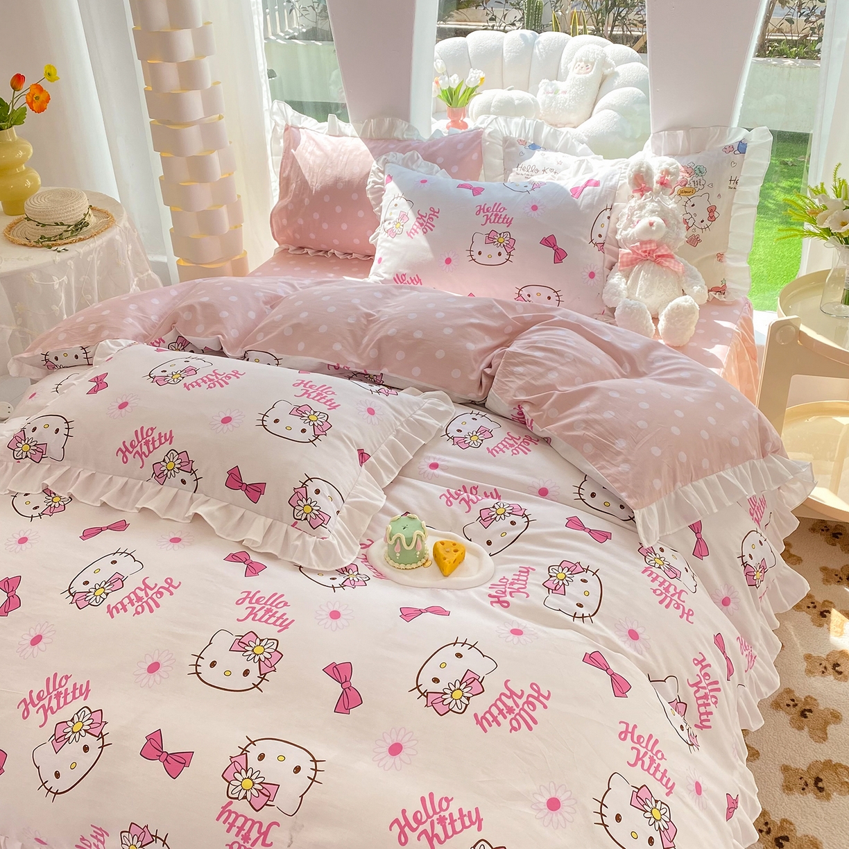 91家纺网 家纺一手货源 找家纺 玉元坊 2026新款三丽鸥正版授权凯蒂KT猫儿童卡通全棉纯棉床单床笠床裙花边被套三四件套 雏菊kt 花边款