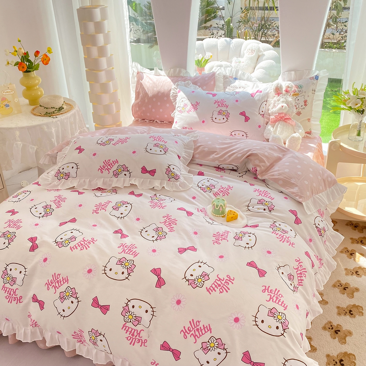 91家纺网 家纺一手货源 找家纺 玉元坊 2026新款三丽鸥正版授权凯蒂KT猫儿童卡通全棉纯棉床单床笠床裙花边被套三四件套 雏菊kt 花边款