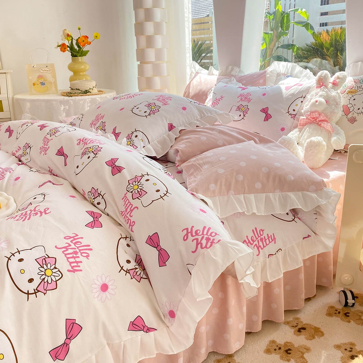 91家纺网 家纺一手货源 找家纺 玉元坊 2026新款三丽鸥正版授权凯蒂KT猫儿童卡通全棉纯棉床单床笠床裙花边被套三四件套 雏菊kt 花边款