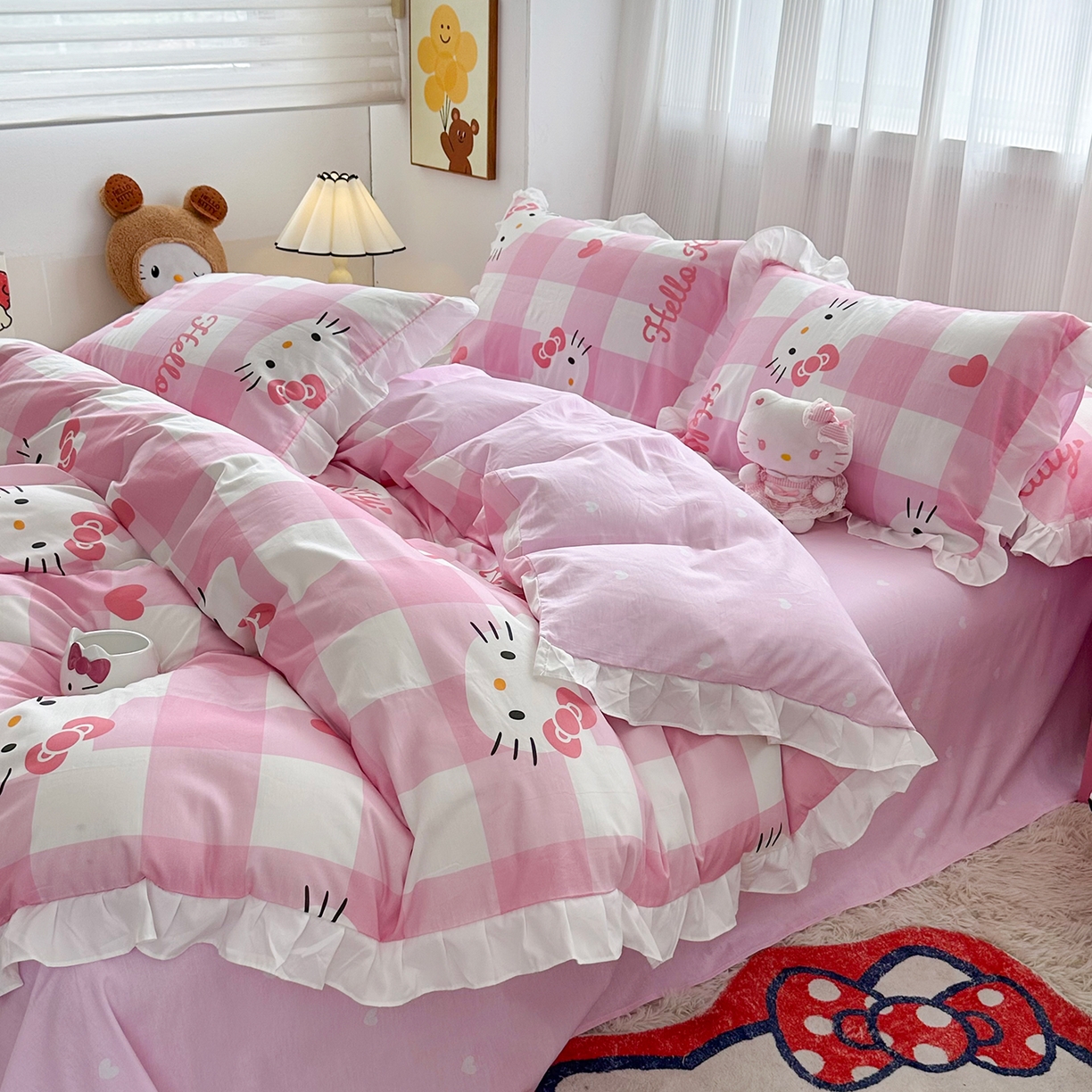 91家纺网 家纺一手货源 找家纺 玉元坊 2026新款三丽鸥正版授权凯蒂KT猫儿童卡通全棉纯棉床单床笠床裙花边被套三四件套 告白KT猫-白花边款