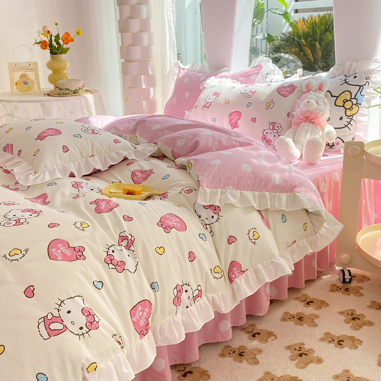 91家纺网 家纺一手货源 找家纺 玉元坊 2026新款三丽鸥正版授权凯蒂KT猫儿童卡通全棉纯棉床单床笠床裙花边被套三四件套 公主kt 花边款