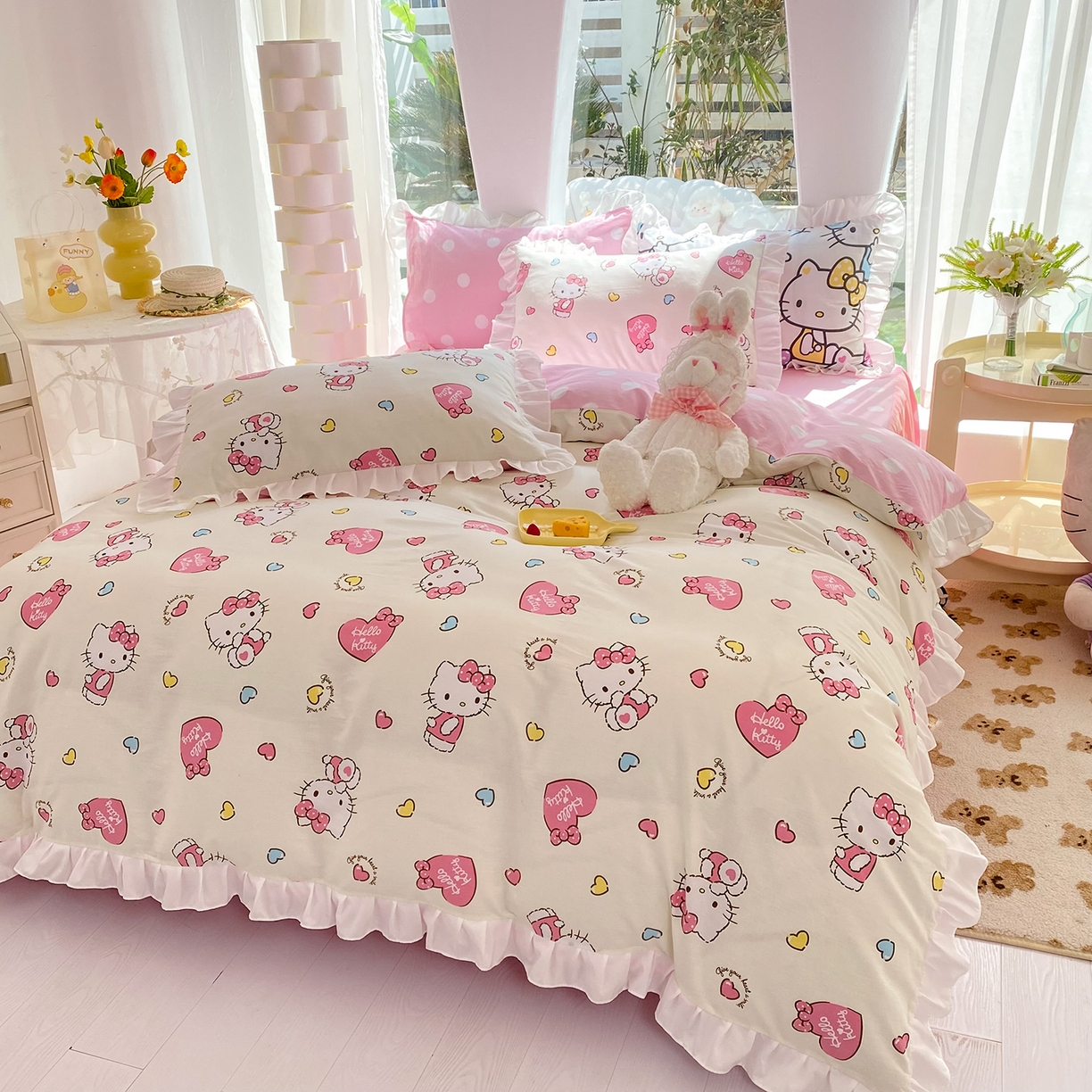 91家纺网 家纺一手货源 找家纺 玉元坊 2026新款三丽鸥正版授权凯蒂KT猫儿童卡通全棉纯棉床单床笠床裙花边被套三四件套 公主kt 花边款