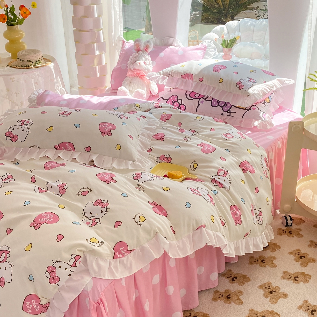 91家纺网 家纺一手货源 找家纺 玉元坊 2026新款三丽鸥正版授权凯蒂KT猫儿童卡通全棉纯棉床单床笠床裙花边被套三四件套 公主kt 花边款