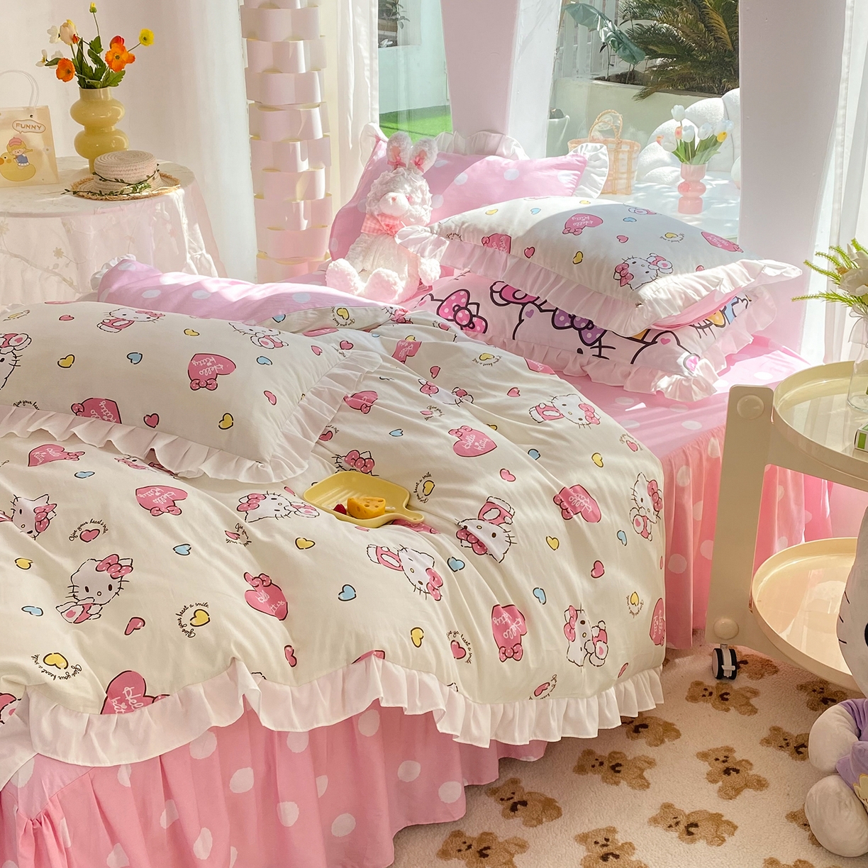 91家纺网 家纺一手货源 找家纺 玉元坊 2026新款三丽鸥正版授权凯蒂KT猫儿童卡通全棉纯棉床单床笠床裙花边被套三四件套 公主kt 花边款