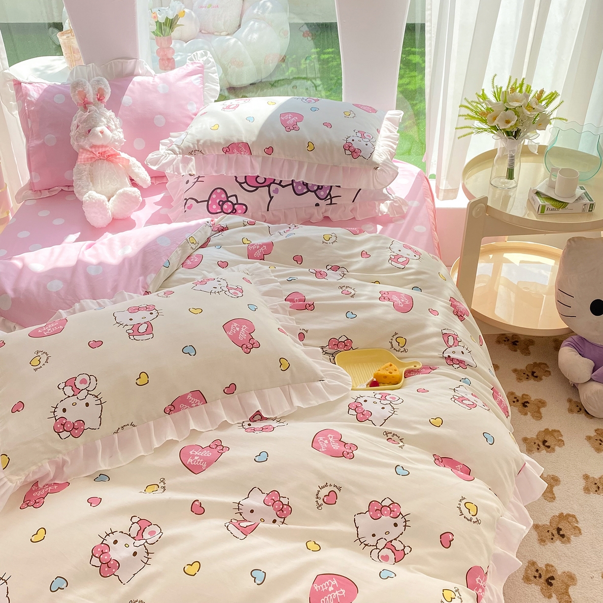 91家纺网 家纺一手货源 找家纺 玉元坊 2026新款三丽鸥正版授权凯蒂KT猫儿童卡通全棉纯棉床单床笠床裙花边被套三四件套 公主kt 花边款