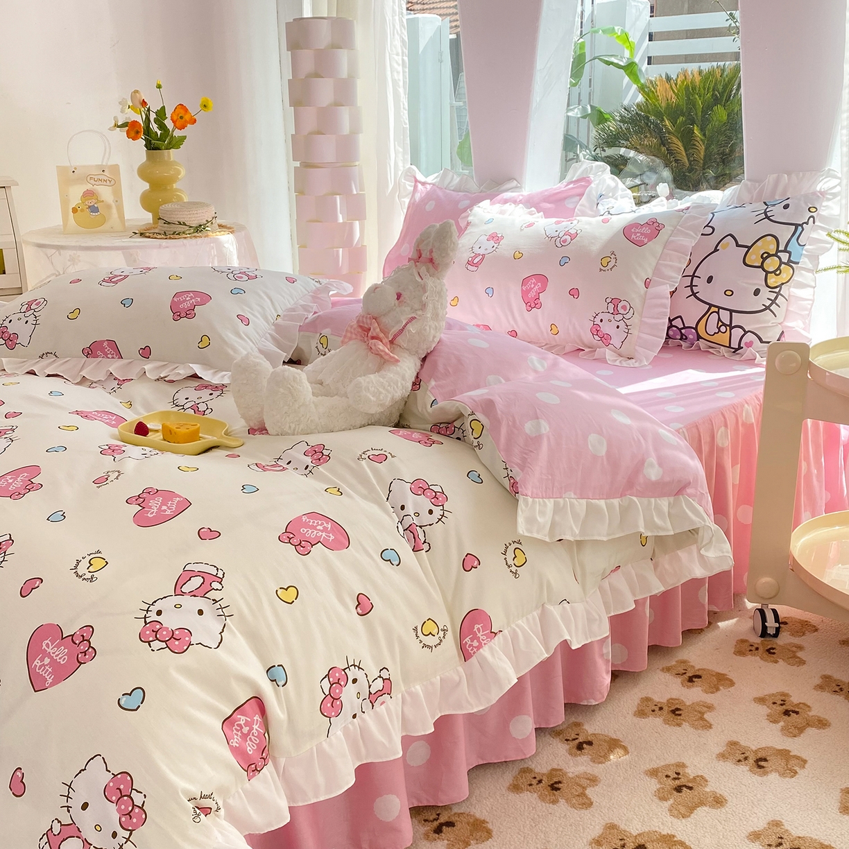 91家纺网 家纺一手货源 找家纺 玉元坊 2026新款三丽鸥正版授权凯蒂KT猫儿童卡通全棉纯棉床单床笠床裙花边被套三四件套 公主kt 花边款