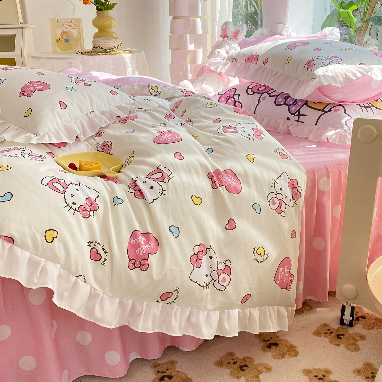 91家纺网 家纺一手货源 找家纺 玉元坊 2026新款三丽鸥正版授权凯蒂KT猫儿童卡通全棉纯棉床单床笠床裙花边被套三四件套 公主kt 花边款