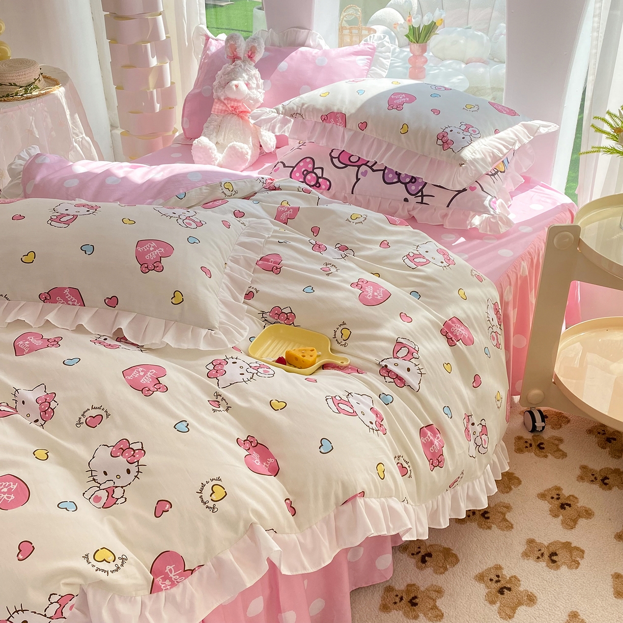 91家纺网 家纺一手货源 找家纺 玉元坊 2026新款三丽鸥正版授权凯蒂KT猫儿童卡通全棉纯棉床单床笠床裙花边被套三四件套 公主kt 花边款