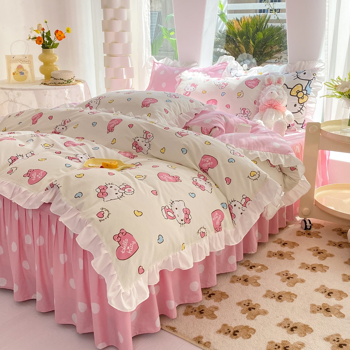 91家纺网 家纺一手货源 找家纺 玉元坊 2026新款三丽鸥正版授权凯蒂KT猫儿童卡通全棉纯棉床单床笠床裙花边被套三四件套 公主kt 花边款