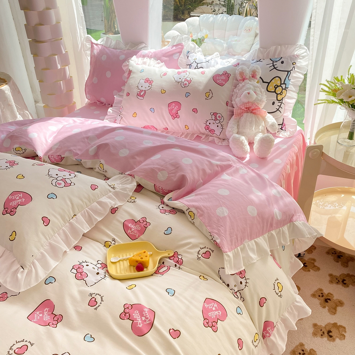 91家纺网 家纺一手货源 找家纺 玉元坊 2026新款三丽鸥正版授权凯蒂KT猫儿童卡通全棉纯棉床单床笠床裙花边被套三四件套 公主kt 花边款