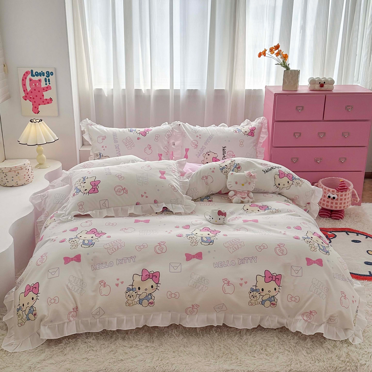 91家纺网 家纺一手货源 找家纺 玉元坊 2026新款三丽鸥正版授权凯蒂KT猫儿童卡通全棉纯棉床单床笠床裙花边被套三四件套 凯蒂小熊 花边款
