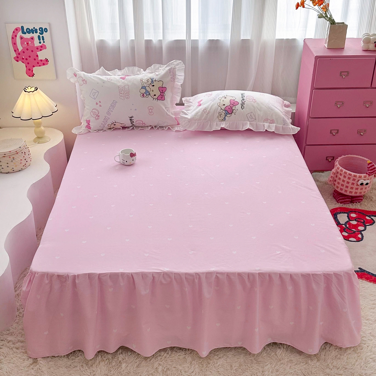 91家纺网 家纺一手货源 找家纺 玉元坊 2026新款三丽鸥正版授权凯蒂KT猫儿童卡通全棉纯棉床单床笠床裙花边被套三四件套 凯蒂小熊 花边款