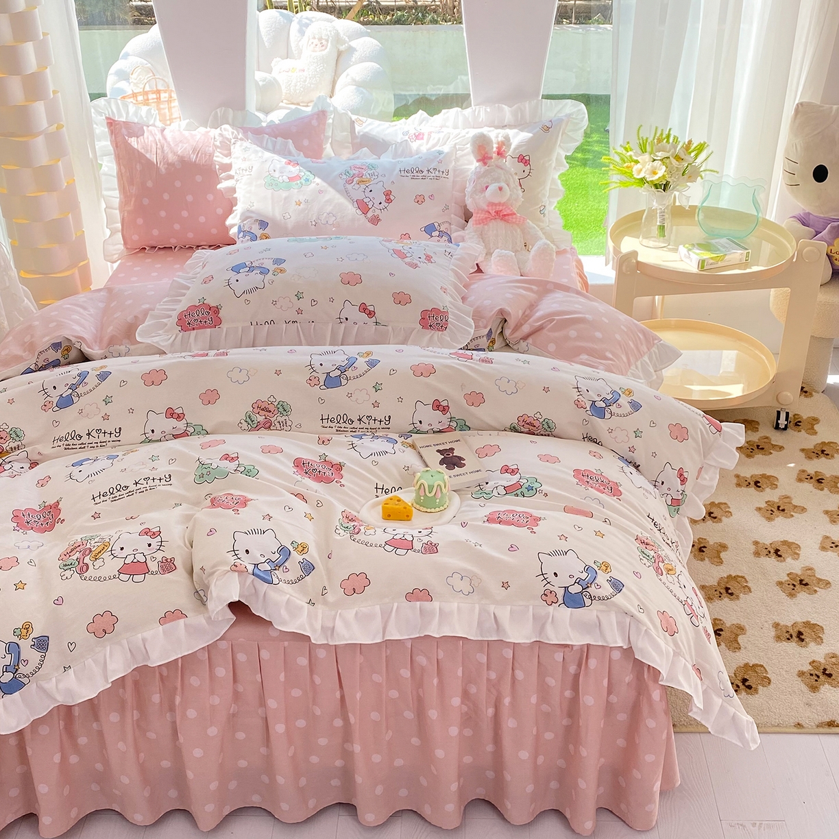 玉元坊 2026新款三丽鸥正版授权凯蒂KT猫儿童卡通全棉纯棉床单床笠床裙花边被套三四件套 甜心kt 花边款