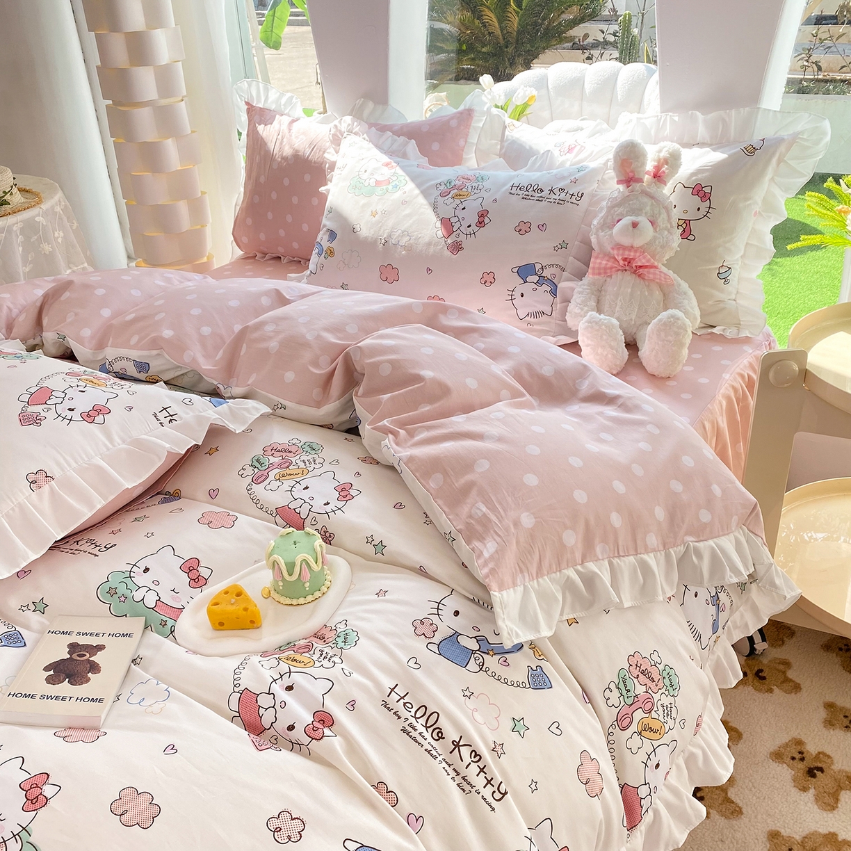 91家纺网 家纺一手货源 找家纺 玉元坊 2026新款三丽鸥正版授权凯蒂KT猫儿童卡通全棉纯棉床单床笠床裙花边被套三四件套 甜心kt 花边款