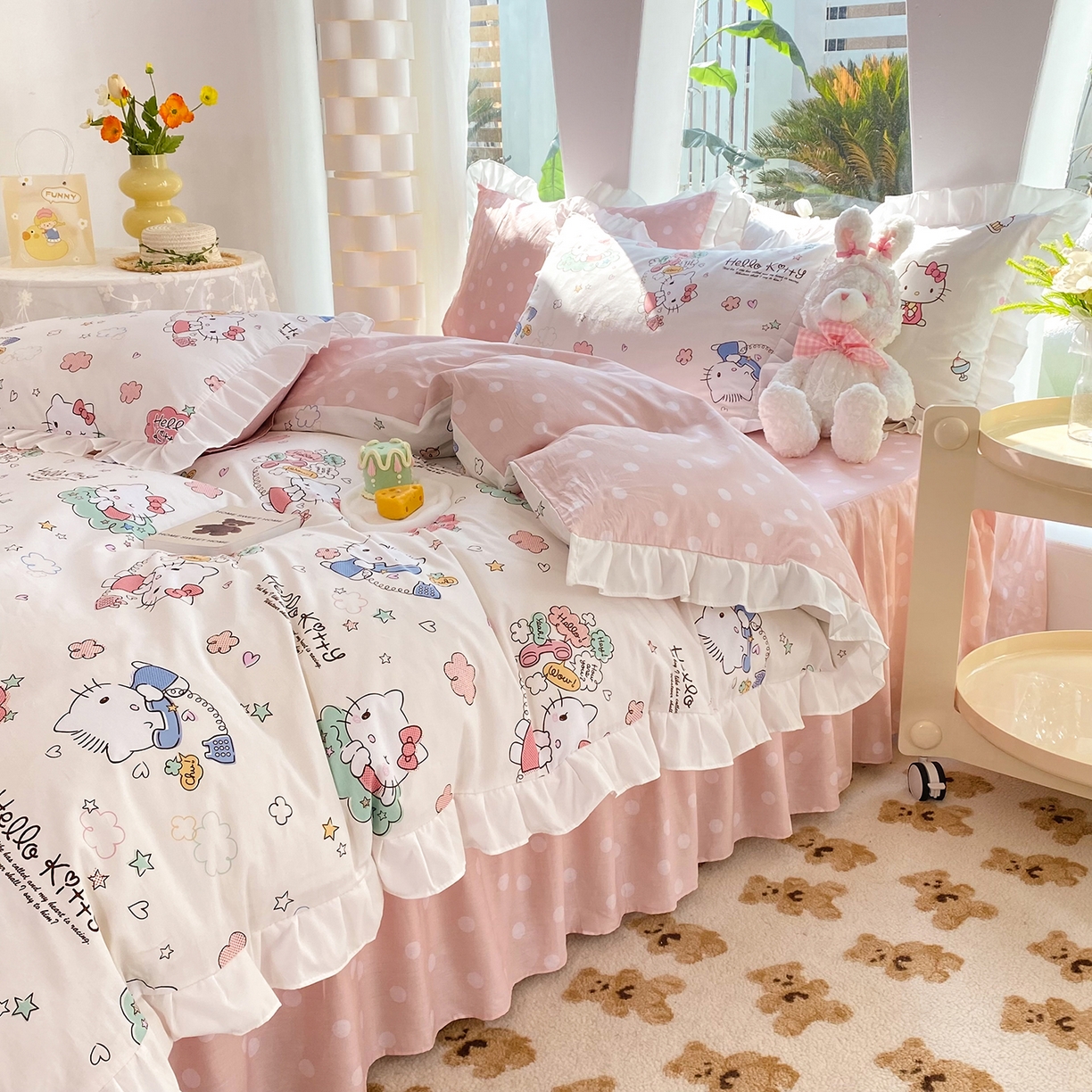 91家纺网 家纺一手货源 找家纺 玉元坊 2026新款三丽鸥正版授权凯蒂KT猫儿童卡通全棉纯棉床单床笠床裙花边被套三四件套 甜心kt 花边款