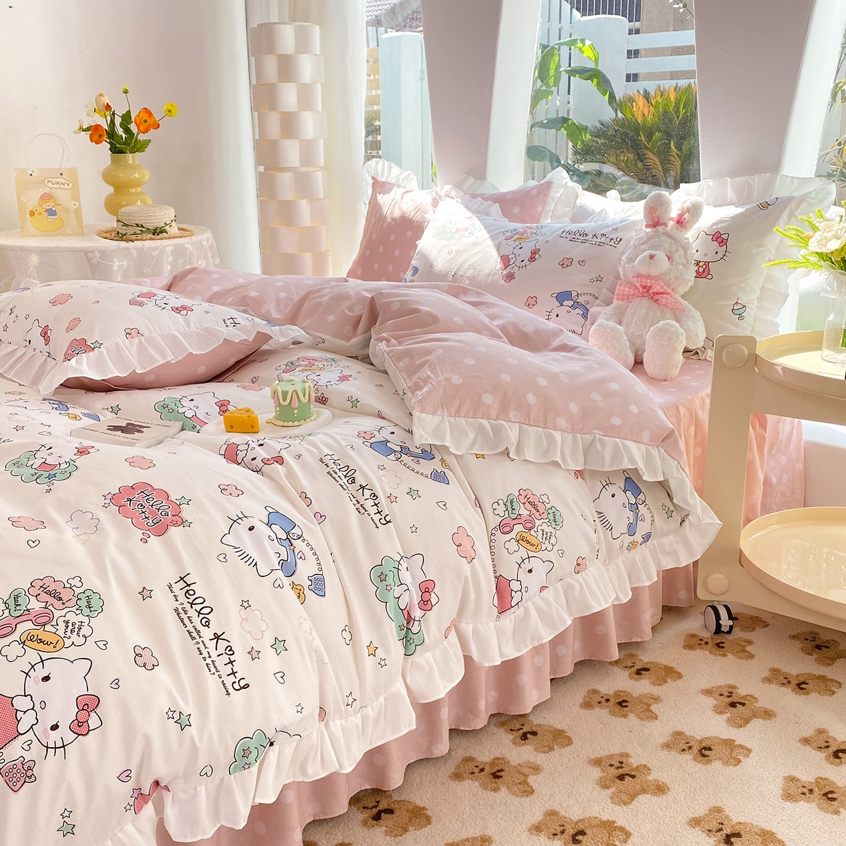91家纺网 家纺一手货源 找家纺 玉元坊 2026新款三丽鸥正版授权凯蒂KT猫儿童卡通全棉纯棉床单床笠床裙花边被套三四件套 甜心kt 花边款