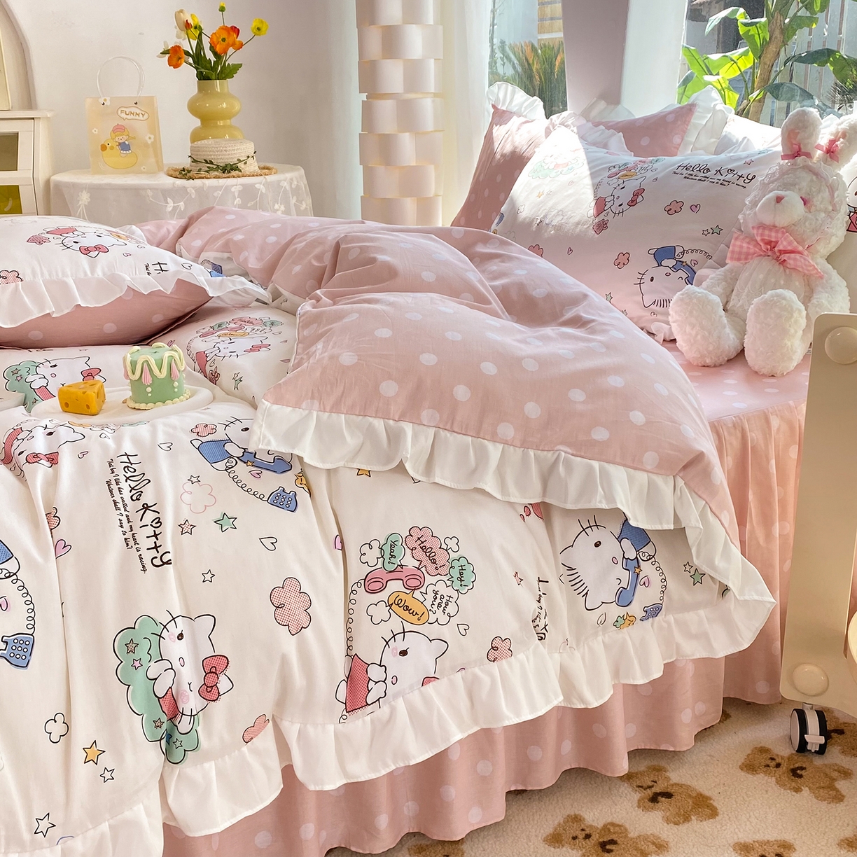 91家纺网 家纺一手货源 找家纺 玉元坊 2026新款三丽鸥正版授权凯蒂KT猫儿童卡通全棉纯棉床单床笠床裙花边被套三四件套 甜心kt 花边款