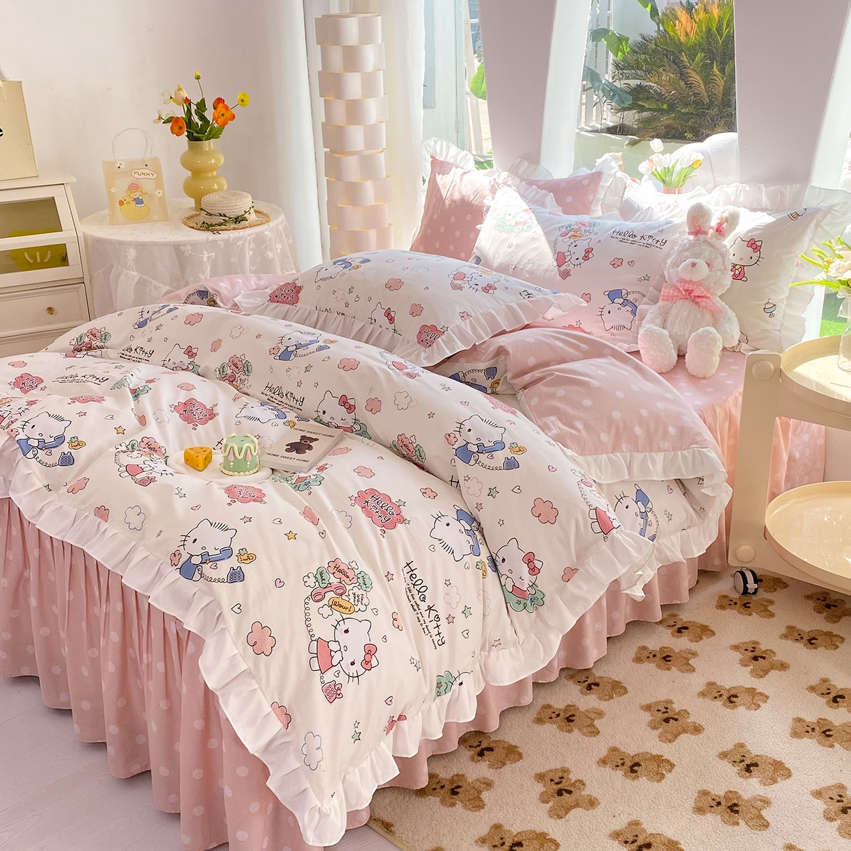 91家纺网 家纺一手货源 找家纺 玉元坊 2026新款三丽鸥正版授权凯蒂KT猫儿童卡通全棉纯棉床单床笠床裙花边被套三四件套 甜心kt 花边款