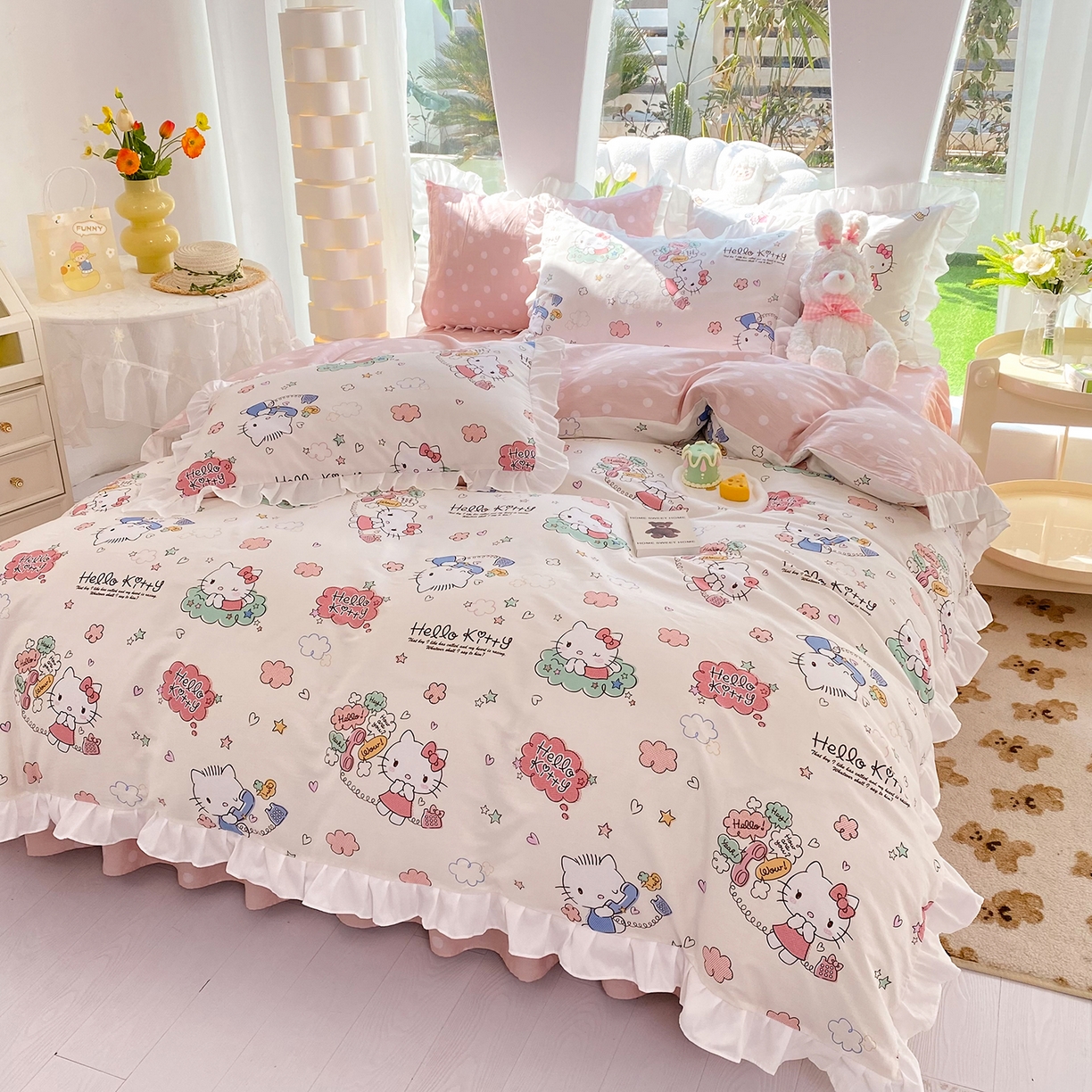 91家纺网 家纺一手货源 找家纺 玉元坊 2026新款三丽鸥正版授权凯蒂KT猫儿童卡通全棉纯棉床单床笠床裙花边被套三四件套 甜心kt 花边款